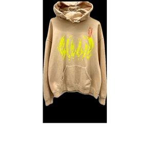 Billy Eilish Tan Hoodie with Neon Yellow Graphic. Concert gear, winter wear S/M